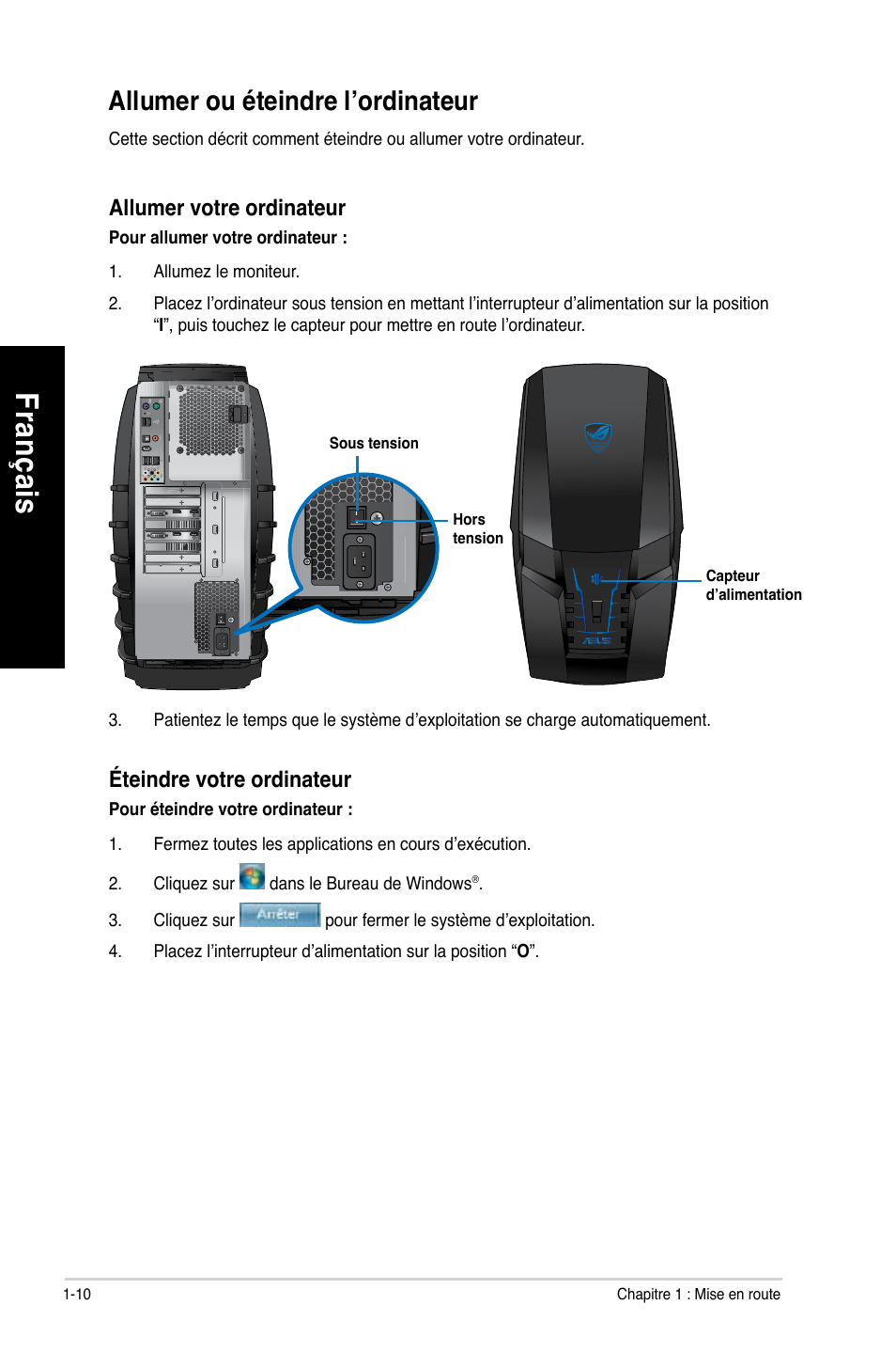 Allumer ou éteindre l’ordinateur, Allumer ou éteindre l’ordinateur -10, Fra nç ais fr an ça is | Asus CG8490 User Manual | Page 92 / 356