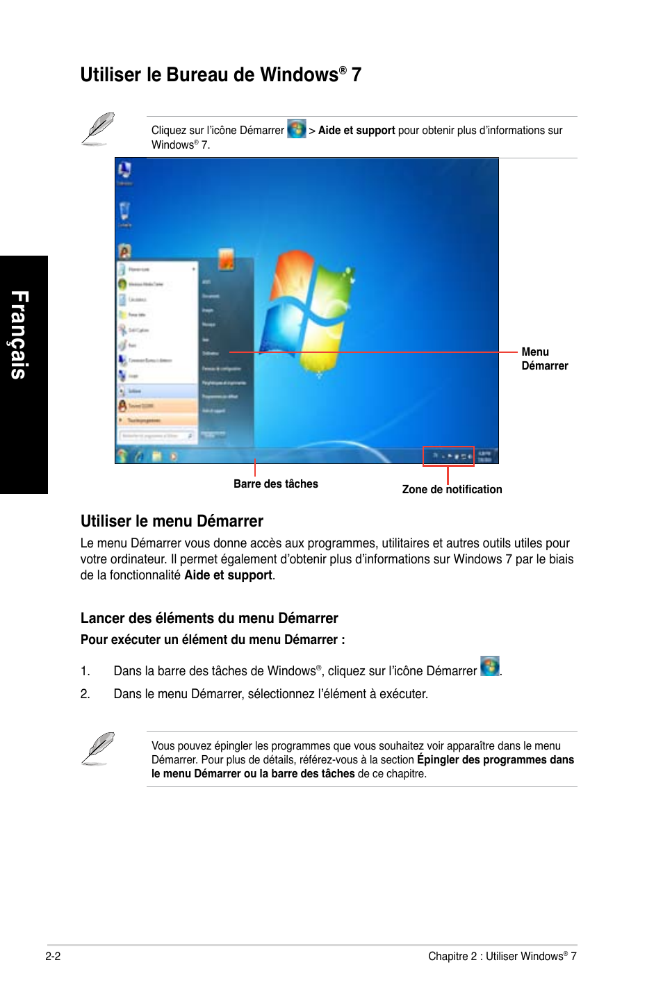 Utiliser le bureau de windows® 7, Utiliser le bureau de windows, Fra nç ais fr an ça is fra nç ais fr an ça is | Asus CG8490 User Manual | Page 94 / 356