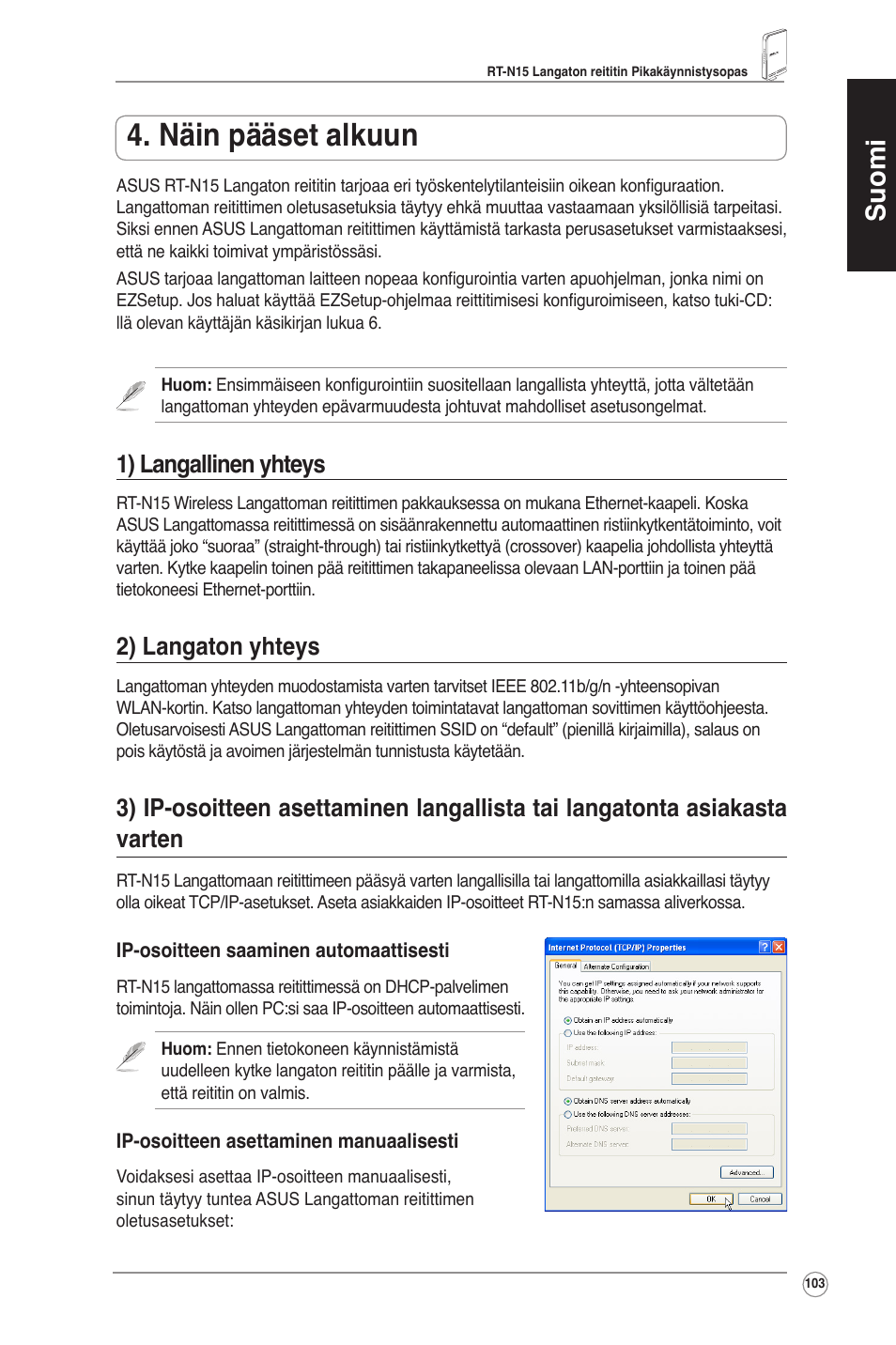 Näin pääset alkuun, Suomi, 1) langallinen yhteys | 2) langaton yhteys | Asus RT-N15 User Manual | Page 104 / 326