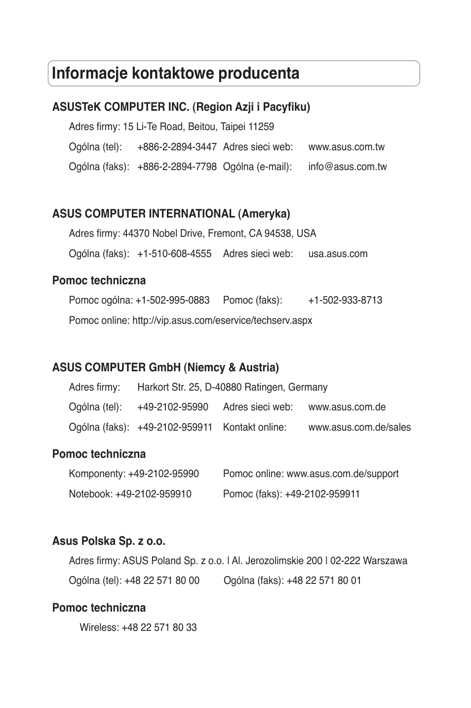 Informacje kontaktowe producenta | Asus RT-N15 User Manual | Page 160 / 326