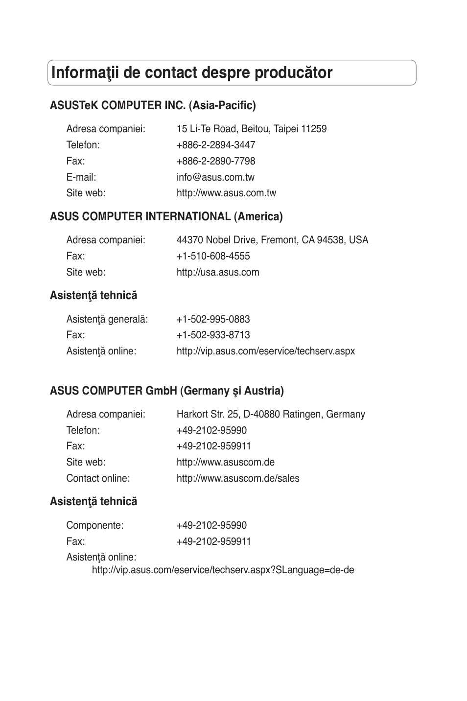 Informaţii de contact despre producător | Asus RT-N15 User Manual | Page 184 / 326