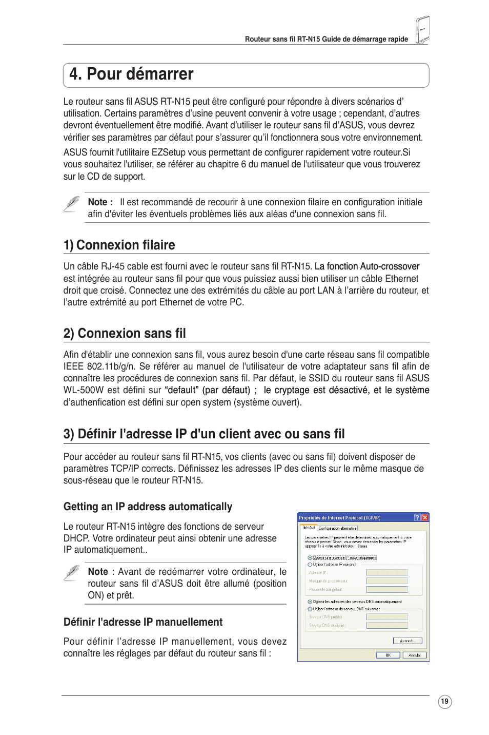 Pour démarrer, 1) connexion filaire, 2) connexion sans fil | Asus RT-N15 User Manual | Page 20 / 326