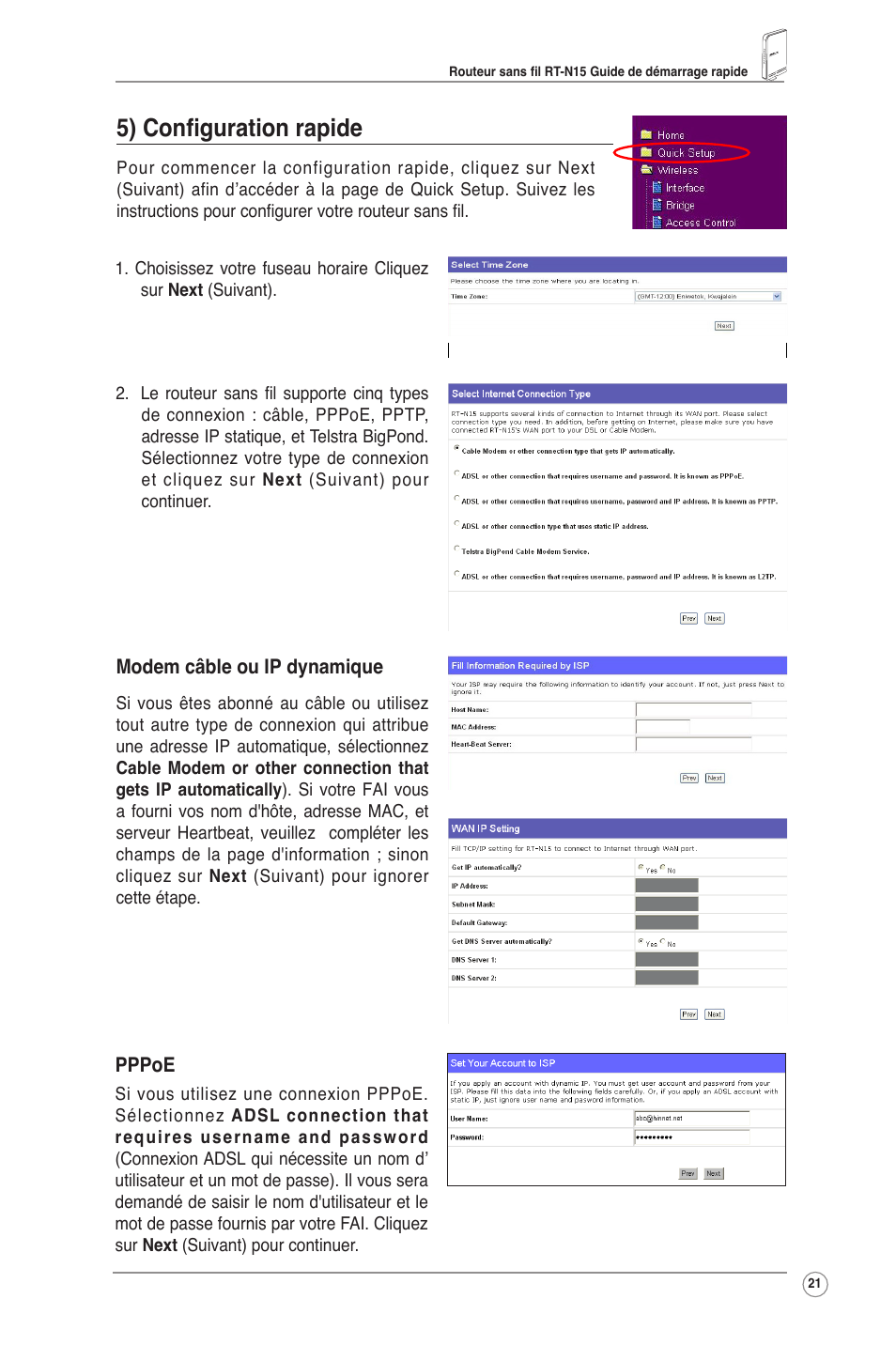 5) configuration rapide | Asus RT-N15 User Manual | Page 22 / 326