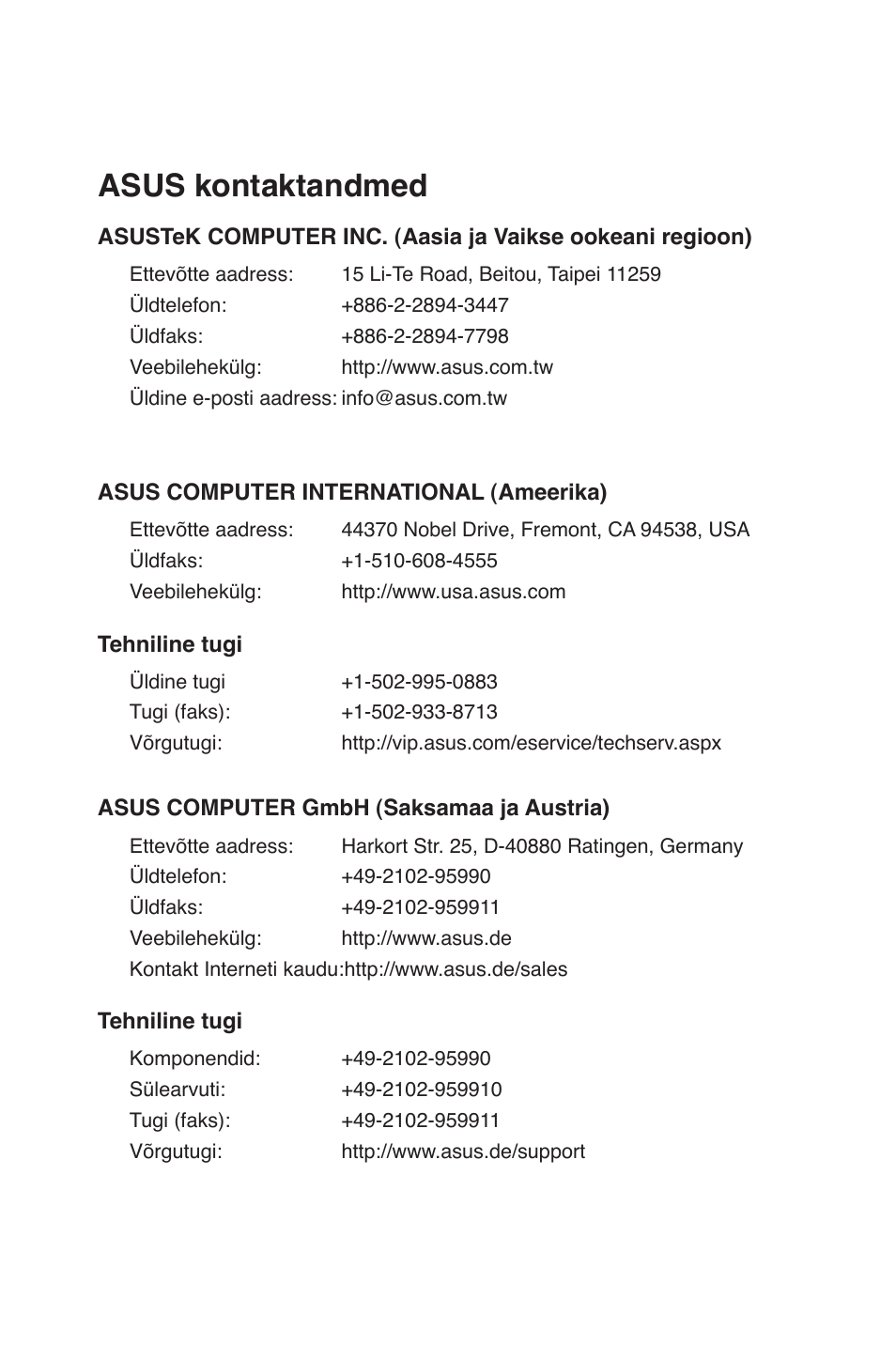 Asus kontaktandmed | Asus RT-N15 User Manual | Page 232 / 326