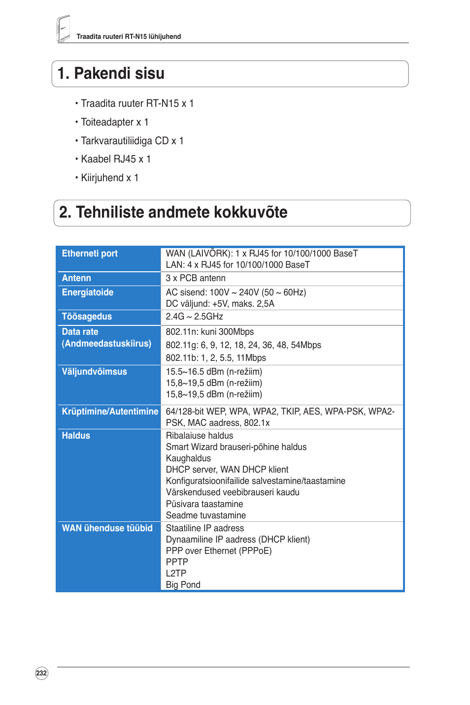 Pakendi sisu, Tehniliste andmete kokkuvõte | Asus RT-N15 User Manual | Page 233 / 326