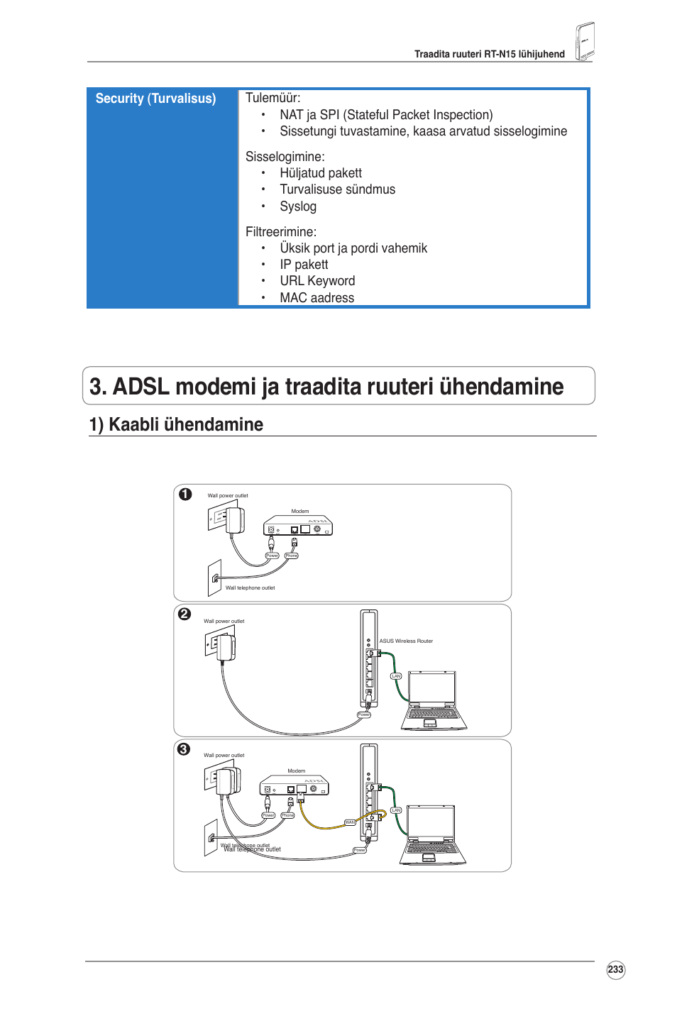 Adsl modemi ja traadita ruuteri ühendamine, 1) kaabli ühendamine | Asus RT-N15 User Manual | Page 234 / 326