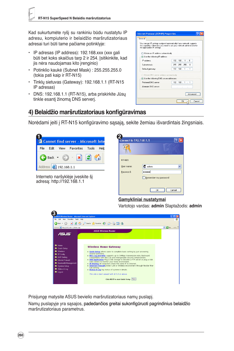 4) belaidžio maršrutizatoriaus konfigūravimas | Asus RT-N15 User Manual | Page 261 / 326