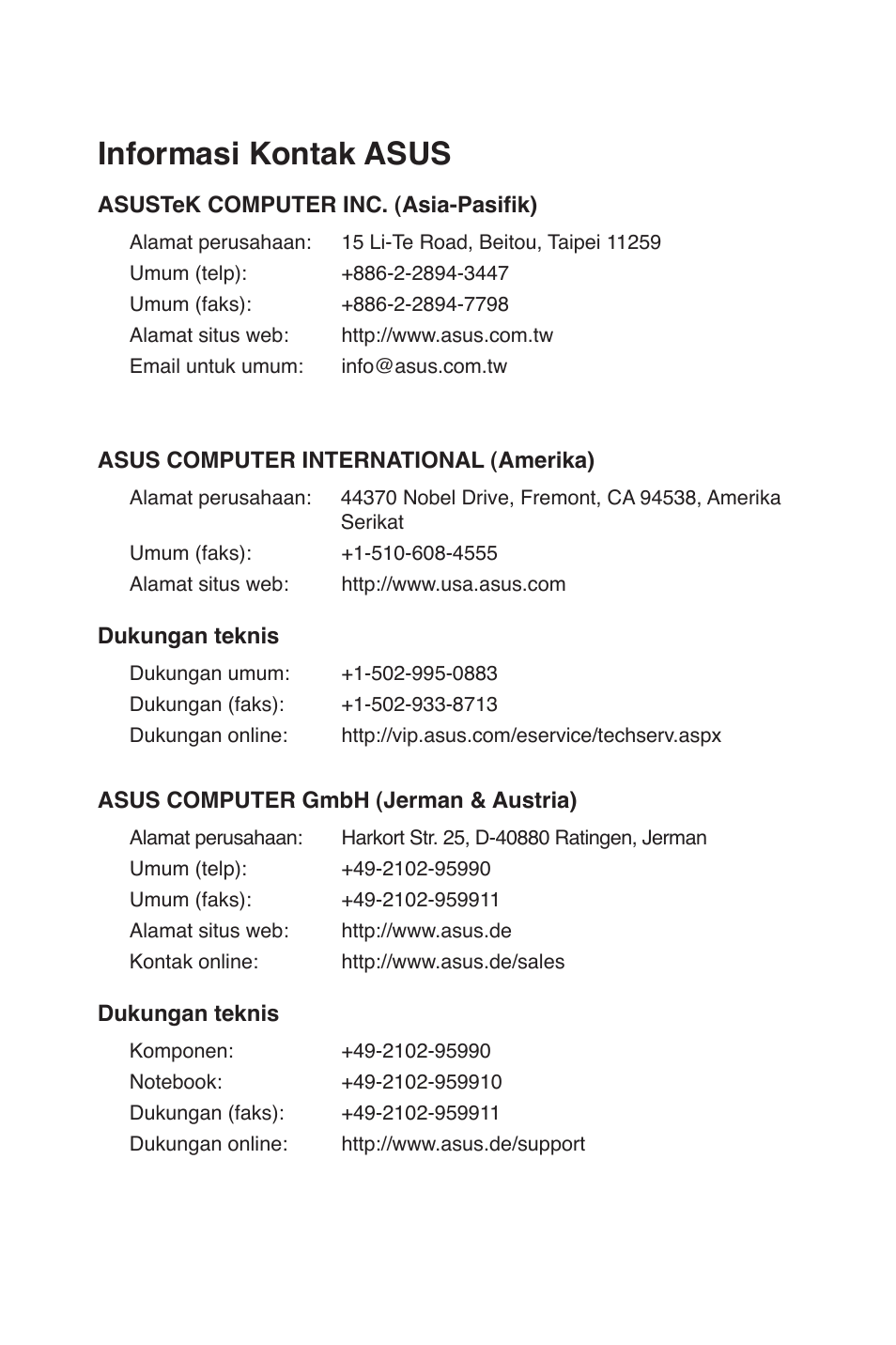 Informasi kontak asus | Asus RT-N15 User Manual | Page 268 / 326