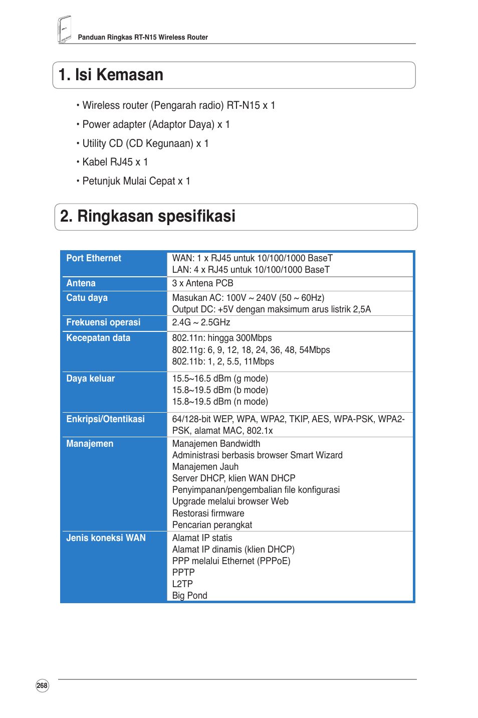 Isi kemasan, Ringkasan spesifikasi | Asus RT-N15 User Manual | Page 269 / 326