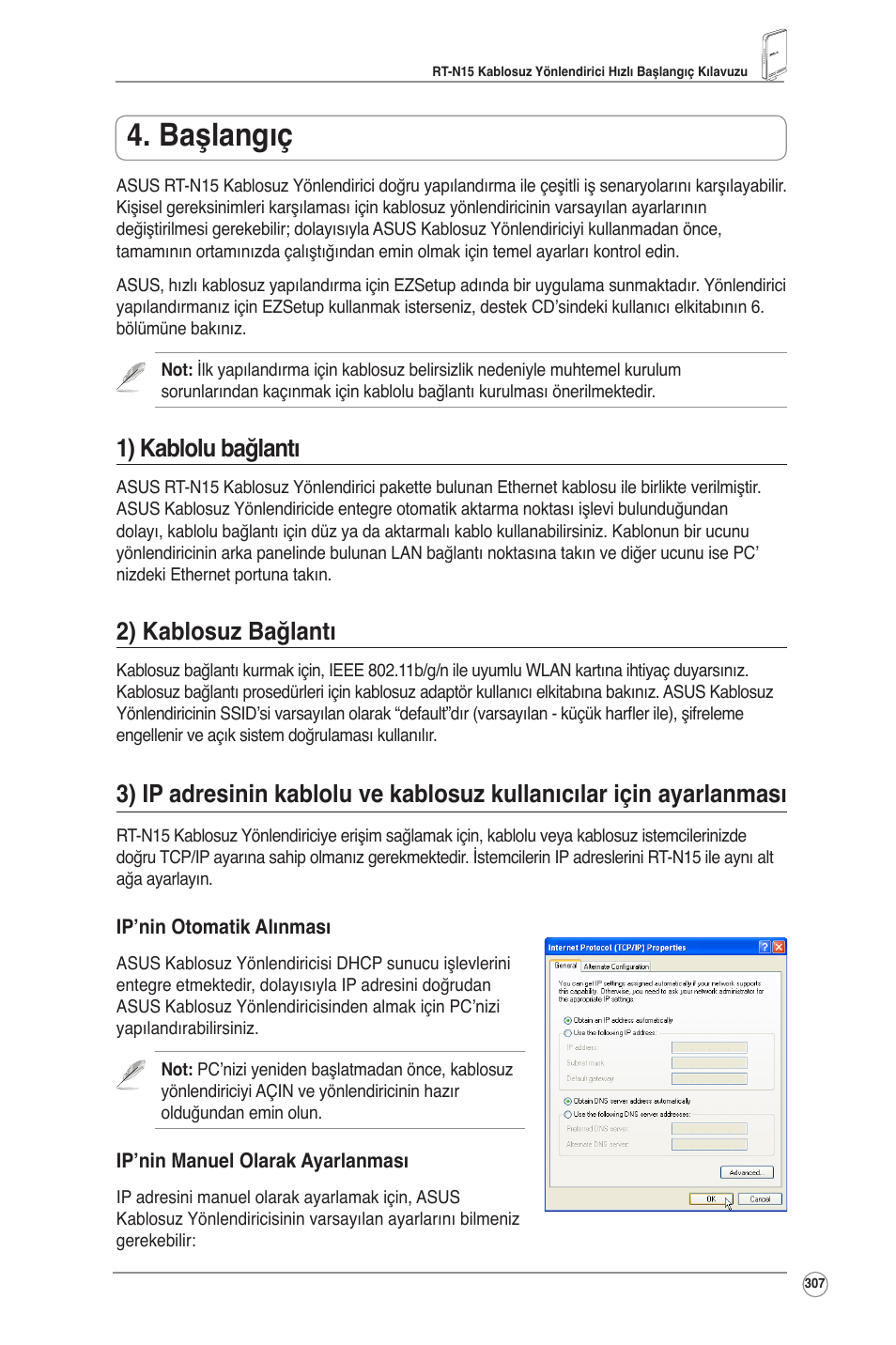 Başlangıç, 1) kablolu bağlantı, 2) kablosuz bağlantı | Asus RT-N15 User Manual | Page 308 / 326