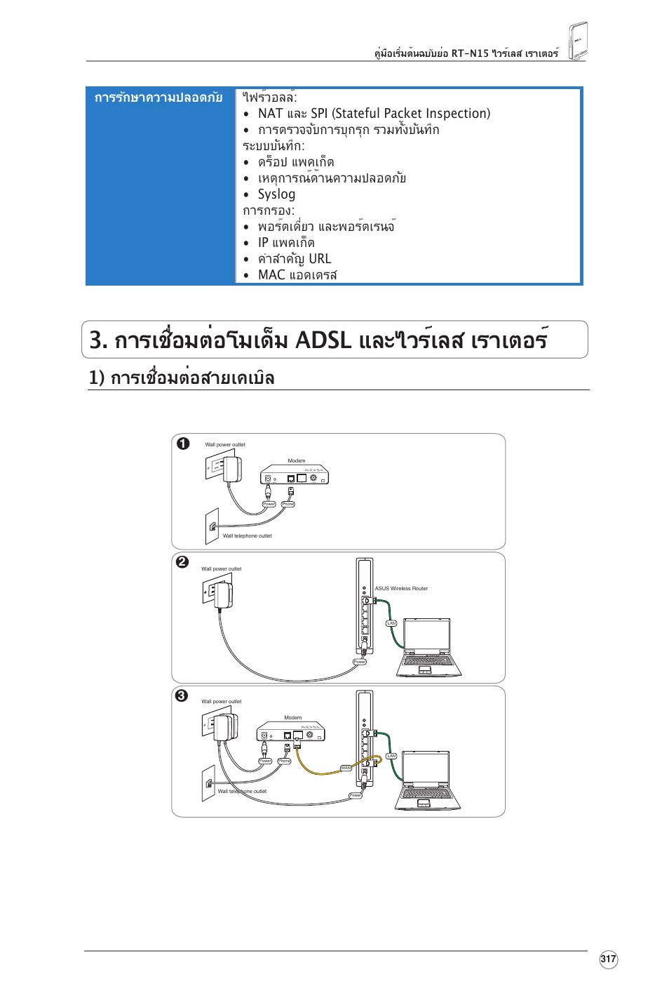 การเชื่อมต่อโมเด็ม adsl และไวร์เลส เราเตอร, 1) การเชื่อมต่อสายเคเบิล | Asus RT-N15 User Manual | Page 318 / 326