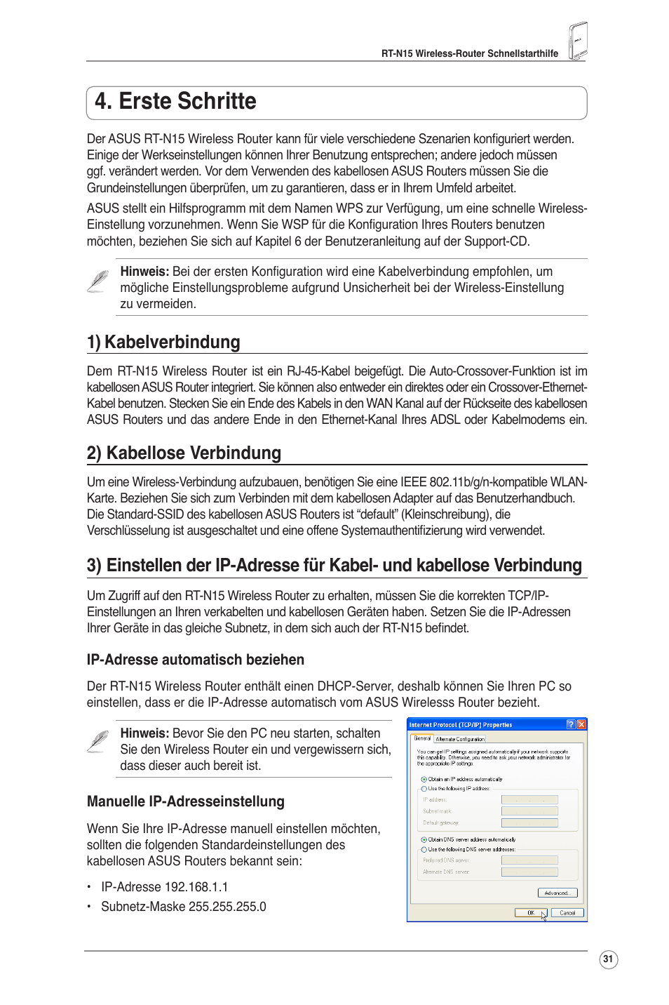 Erste schritte, 1) kabelverbindung, 2) kabellose verbindung | Asus RT-N15 User Manual | Page 32 / 326