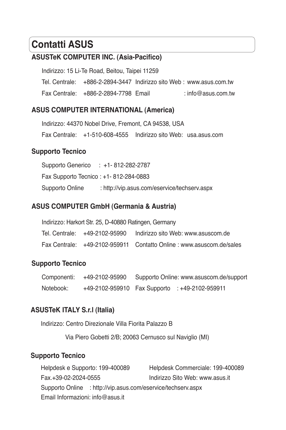 Contatti asus | Asus RT-N15 User Manual | Page 40 / 326