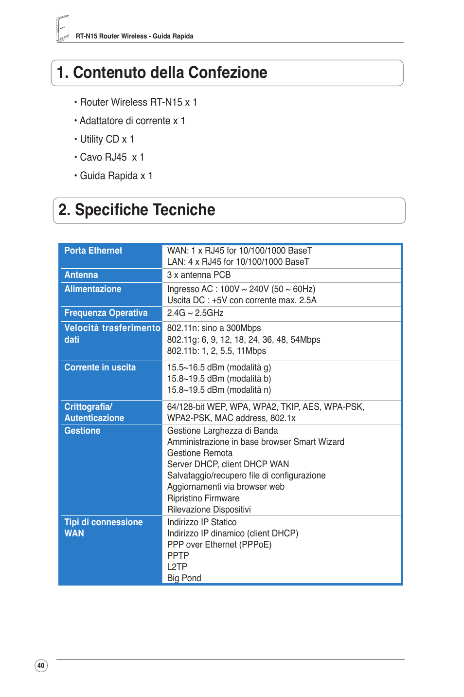 Contenuto della confezione, Specifiche tecniche | Asus RT-N15 User Manual | Page 41 / 326