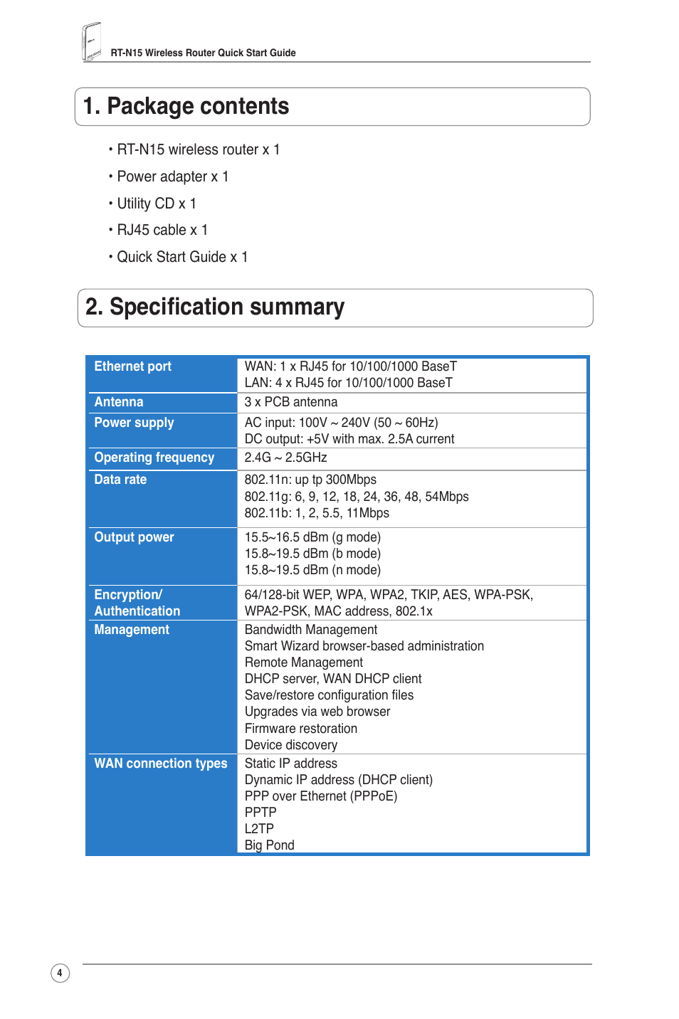 Package contents, Specification summary | Asus RT-N15 User Manual | Page 5 / 326