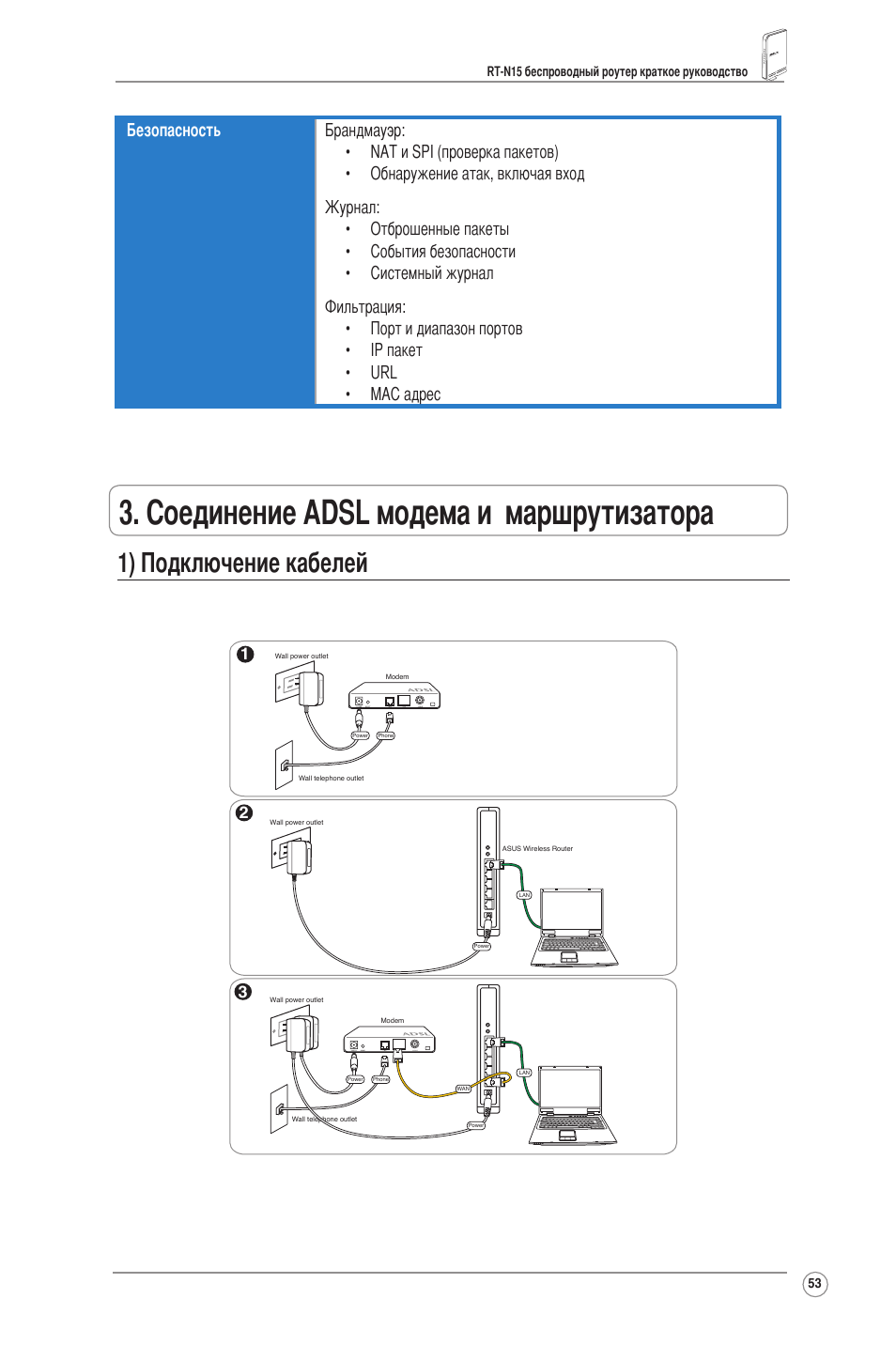 Соединение adsl модема и маршрутизатора, 1) подключение кабелей | Asus RT-N15 User Manual | Page 54 / 326