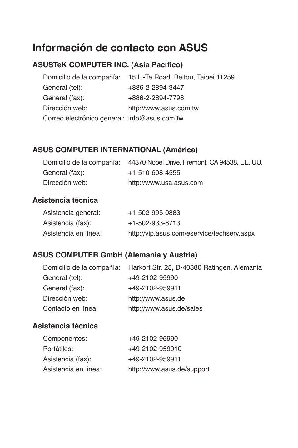 Información de contacto con asus | Asus RT-N15 User Manual | Page 64 / 326