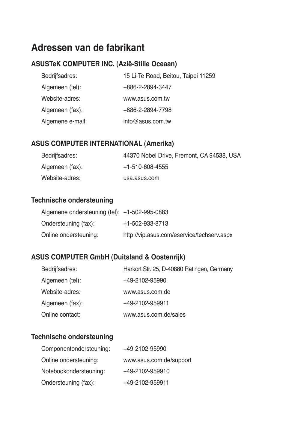 Adressen van de fabrikant | Asus RT-N15 User Manual | Page 76 / 326