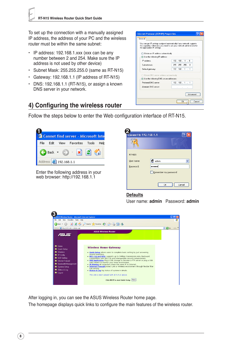 4) configuring the wireless router | Asus RT-N15 User Manual | Page 9 / 326