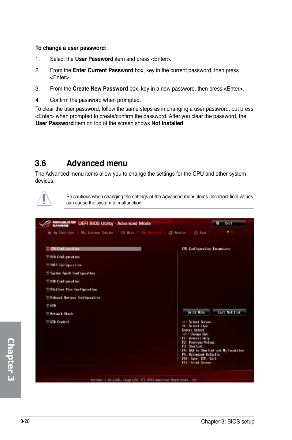 6 advanced menu, Advanced menu -28, Chapter 3 | Asus MAXIMUS VI GENE User Manual | Page 114 / 192