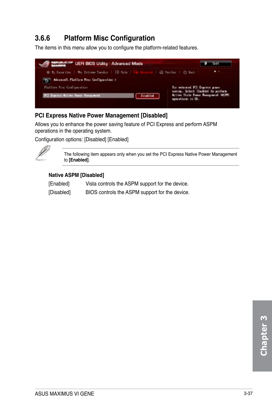 6 platform misc configuration, Platform misc configuration -37, Chapter 3 | Asus MAXIMUS VI GENE User Manual | Page 123 / 192