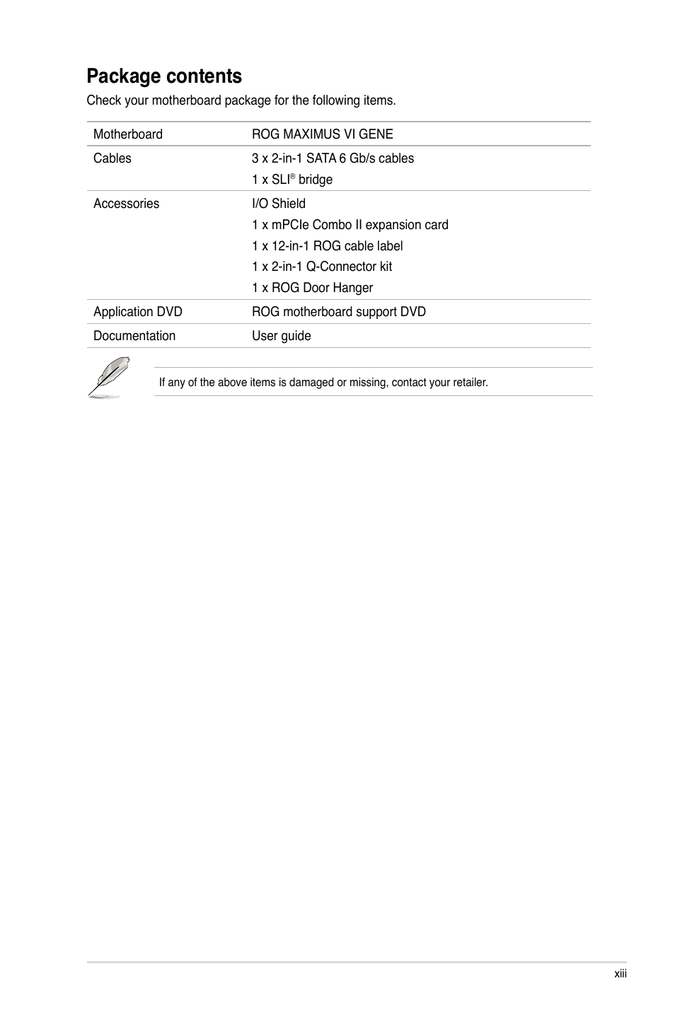 Package contents | Asus MAXIMUS VI GENE User Manual | Page 13 / 192