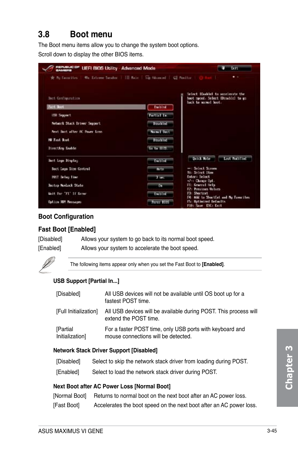 8 boot menu, Boot menu -45, Chapter 3 3.8 boot menu | Asus MAXIMUS VI GENE User Manual | Page 131 / 192