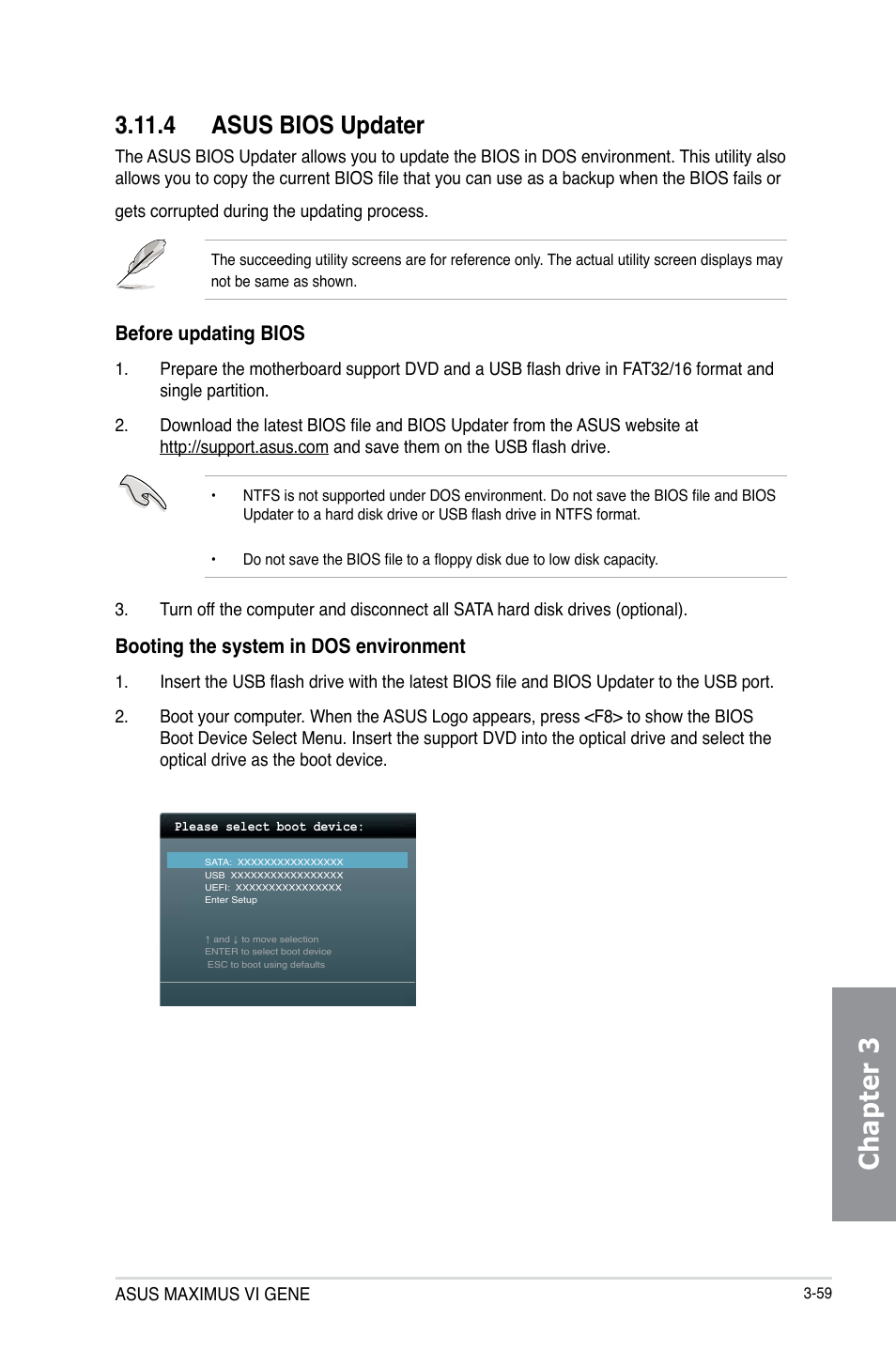 4 asus bios updater, Asus bios updater -59, Chapter 3 | Before updating bios, Booting the system in dos environment, Asus maximus vi gene | Asus MAXIMUS VI GENE User Manual | Page 145 / 192