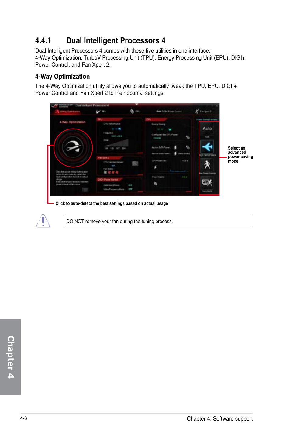 1 dual intelligent processors 4, Dual intelligent processors 4 -6, Chapter 4 | Asus MAXIMUS VI GENE User Manual | Page 154 / 192