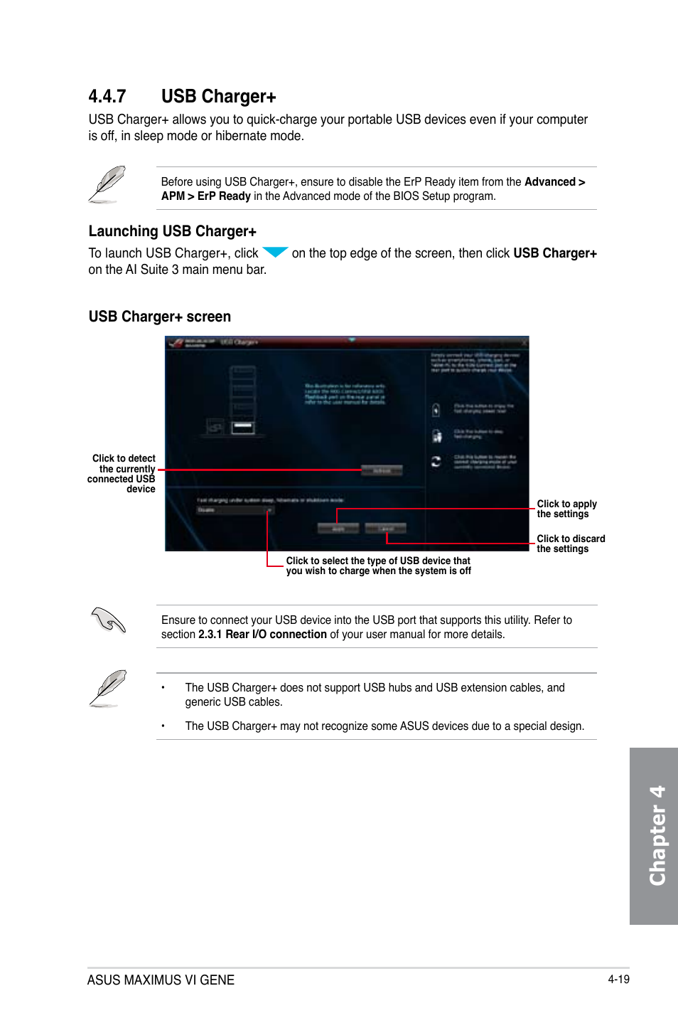 7 usb charger, Usb charger+ -19, Chapter 4 | Launching usb charger, Usb charger+ screen | Asus MAXIMUS VI GENE User Manual | Page 167 / 192