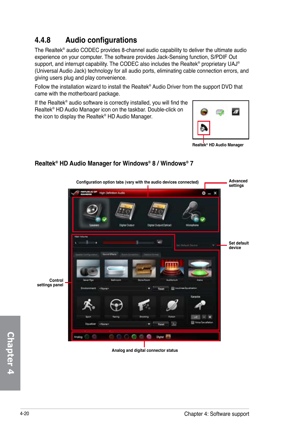 8 audio configurations, Audio configurations -20, Chapter 4 | Realtek, Hd audio manager for windows, 8 / windows | Asus MAXIMUS VI GENE User Manual | Page 168 / 192