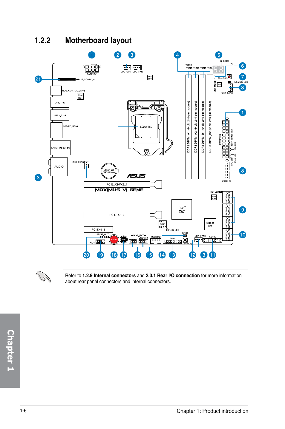 2 motherboard layout, Motherboard layout -6, Chapter 1 | Asus MAXIMUS VI GENE User Manual | Page 20 / 192