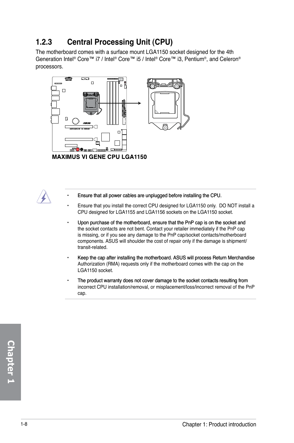 3 central processing unit (cpu), Central processing unit (cpu) -8, Chapter 1 | Asus MAXIMUS VI GENE User Manual | Page 22 / 192