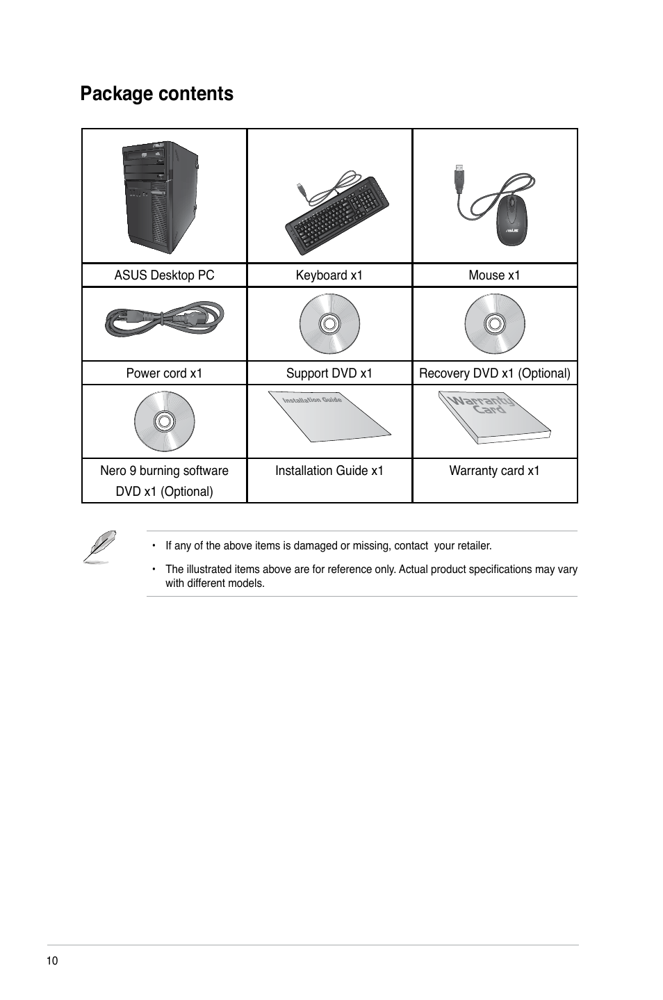 Package contents | Asus BP6375 User Manual | Page 10 / 106