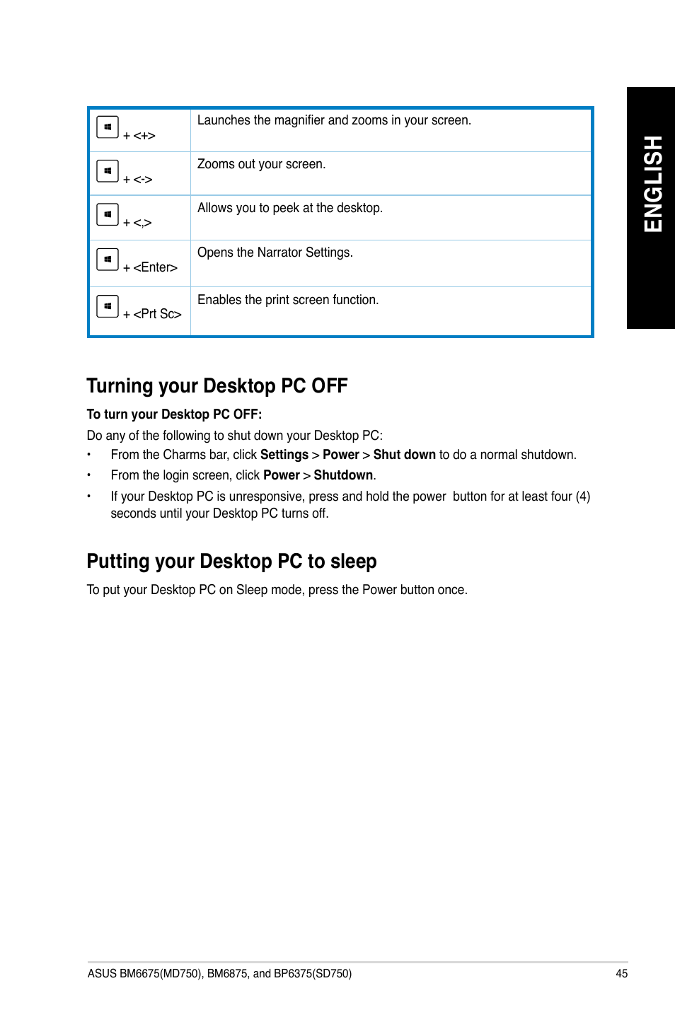 Turning your desktop pc off, Putting your desktop pc to sleep, En gl is h en gl is h | Asus BP6375 User Manual | Page 45 / 106