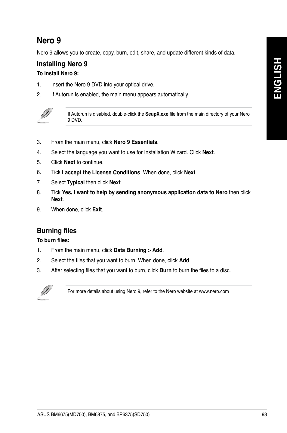 Nero 9, En gl is h en gl is h | Asus BP6375 User Manual | Page 93 / 106