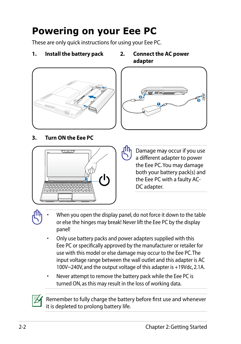 Powering on your eee pc, Powering on your eee pc -2 | Asus Eee PC VX6 User Manual | Page 24 / 62