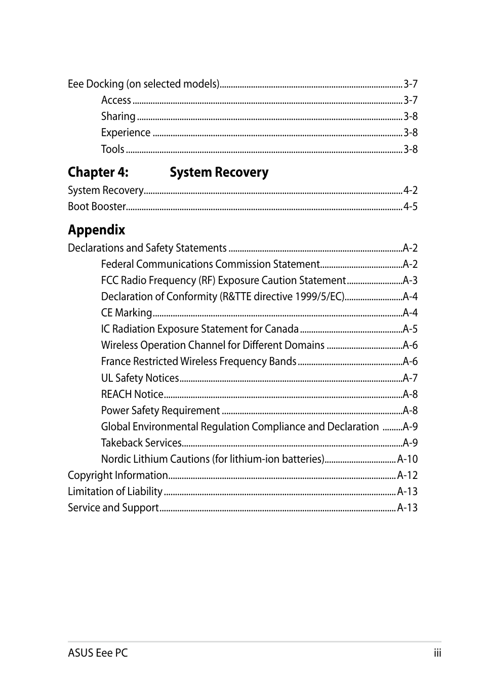 Chapter 4: system recovery, Appendix | Asus Eee PC VX6 User Manual | Page 3 / 62