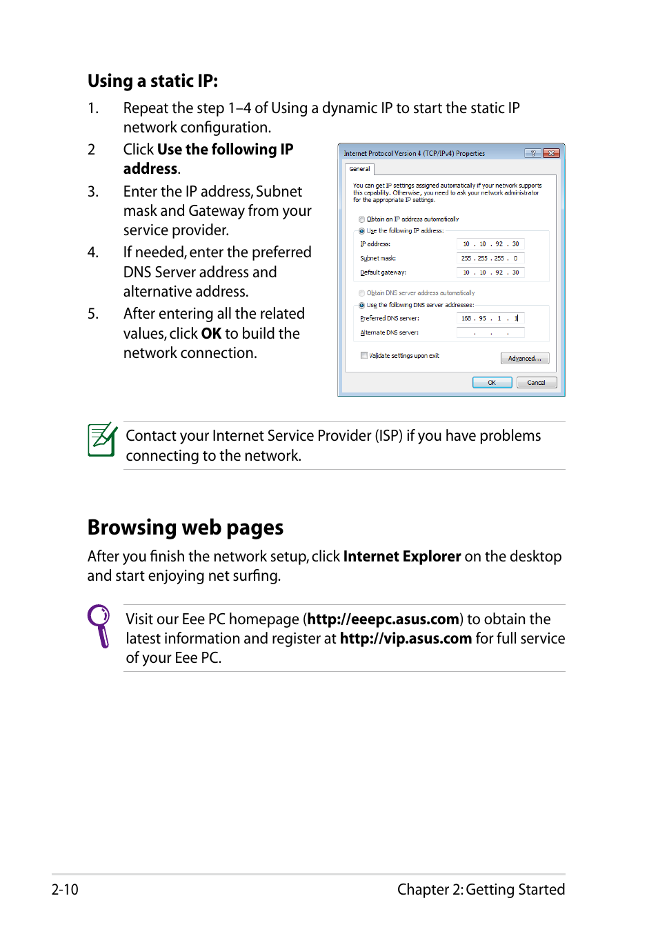 Browsing web pages | Asus Eee PC VX6 User Manual | Page 32 / 62