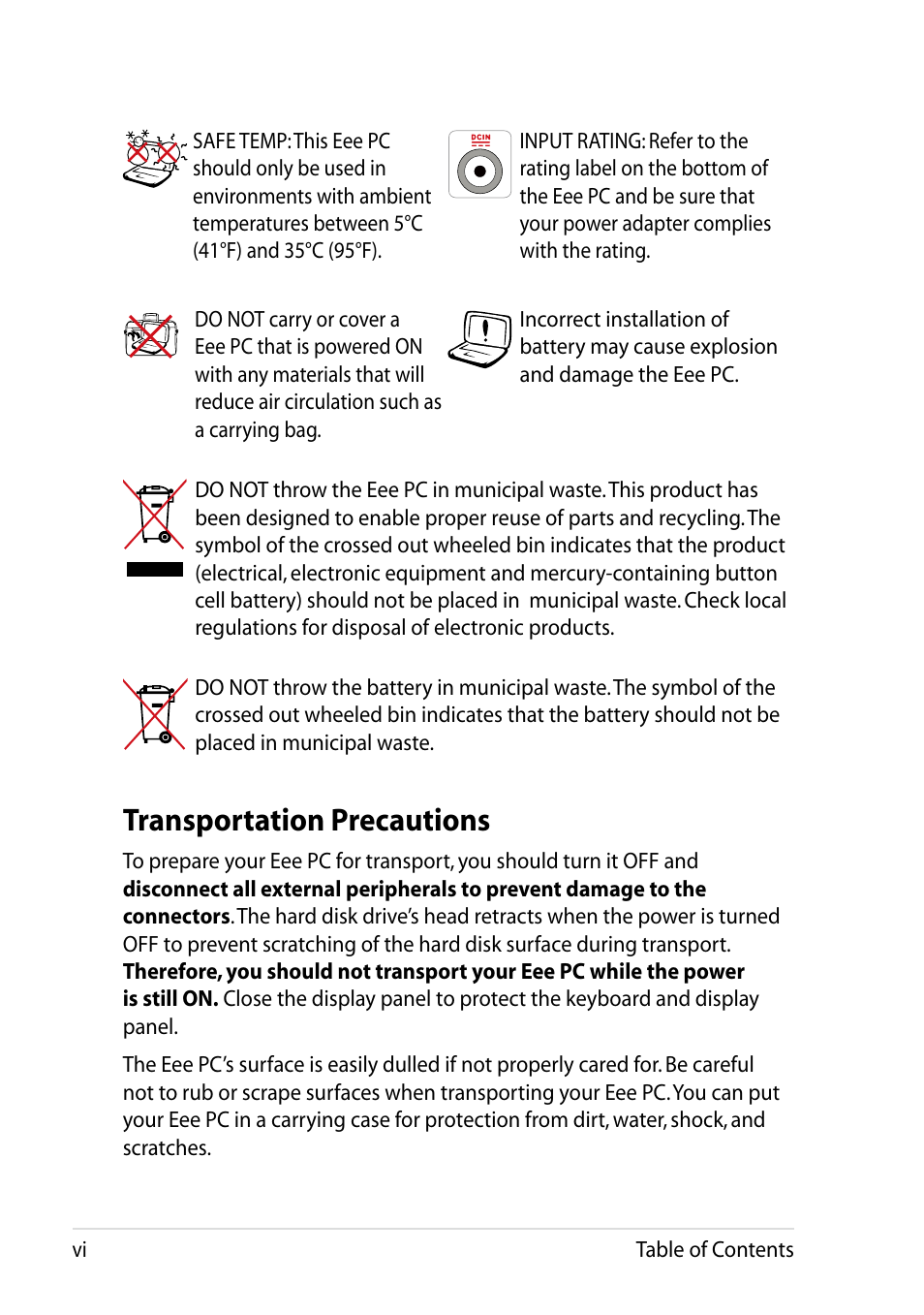 Transportation precautions | Asus Eee PC VX6 User Manual | Page 6 / 62