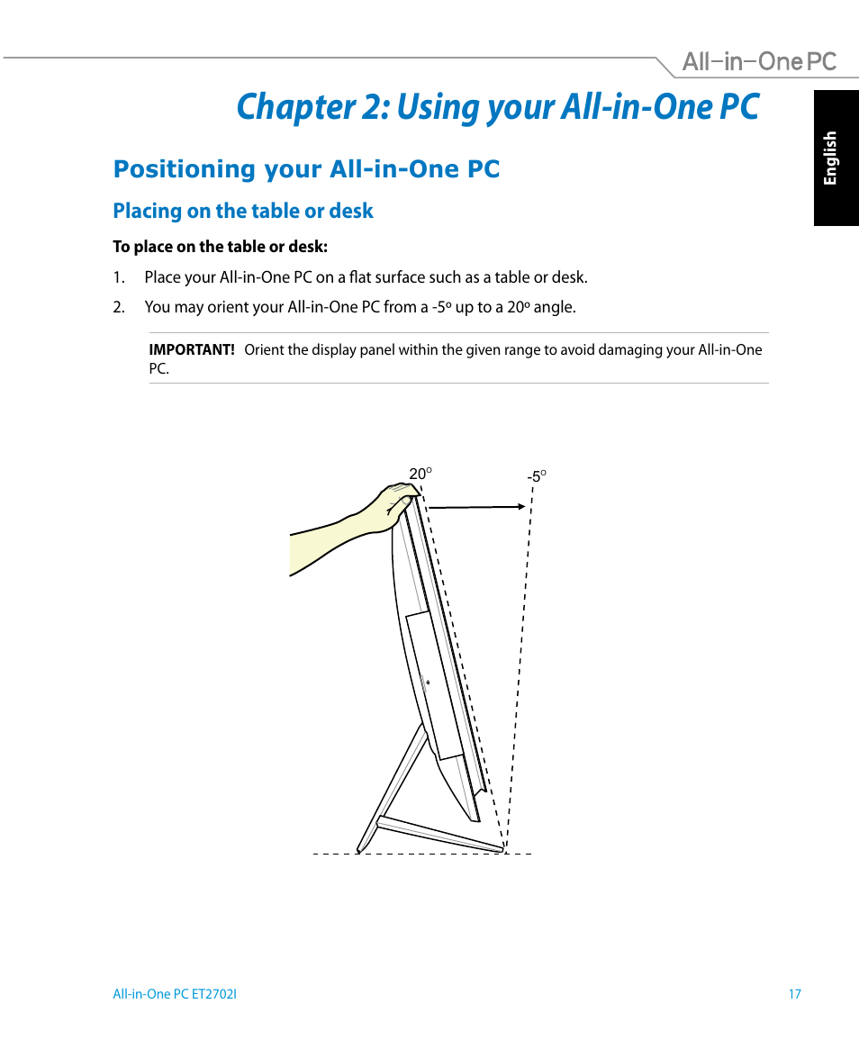 Chapter 2: using your all-in-one pc, Positioning your all-in-one pc, Placing on the table or desk | Asus ET2702IGTH User Manual | Page 17 / 60