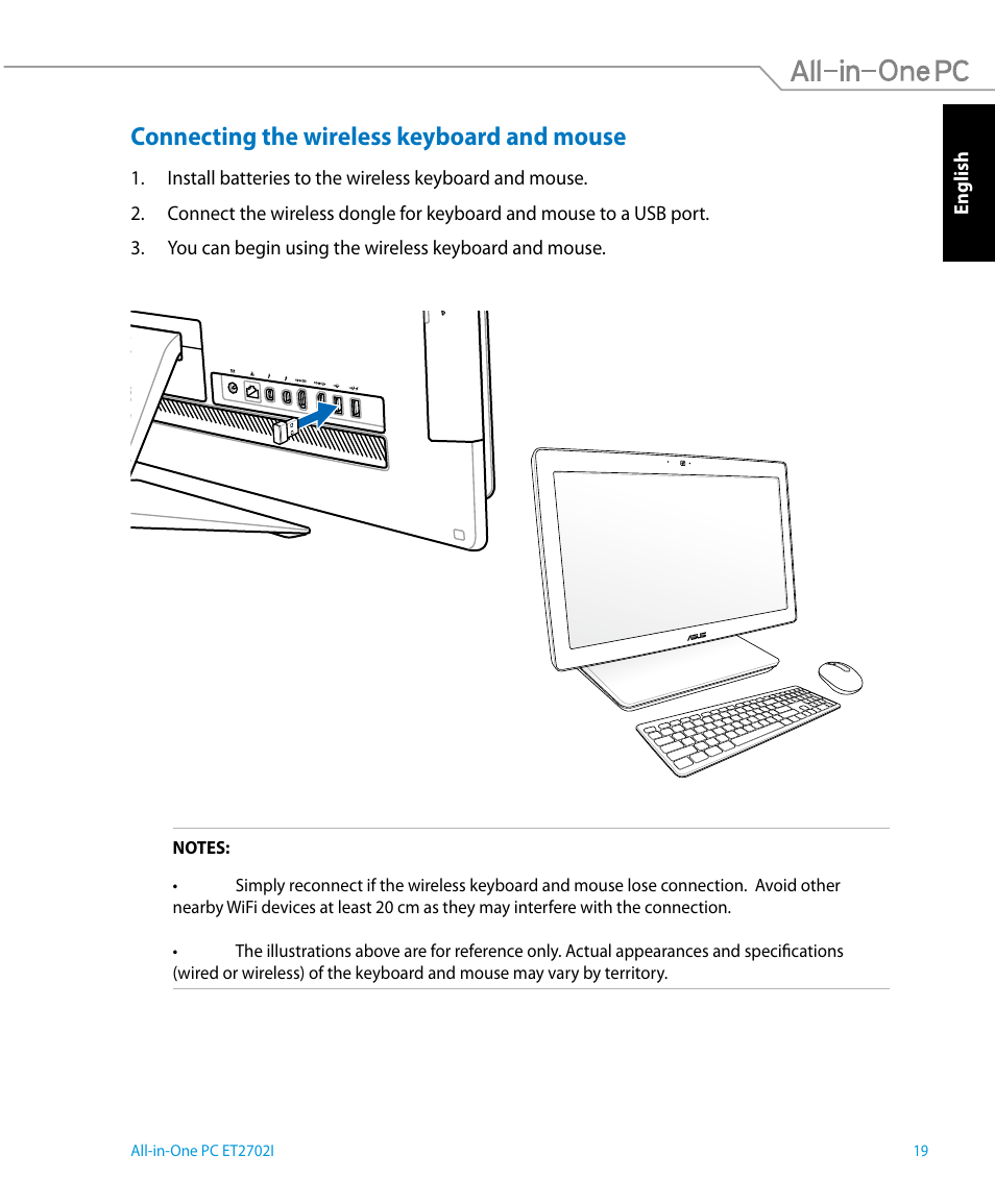 Connecting the wireless keyboard and mouse | Asus ET2702IGTH User Manual | Page 19 / 60