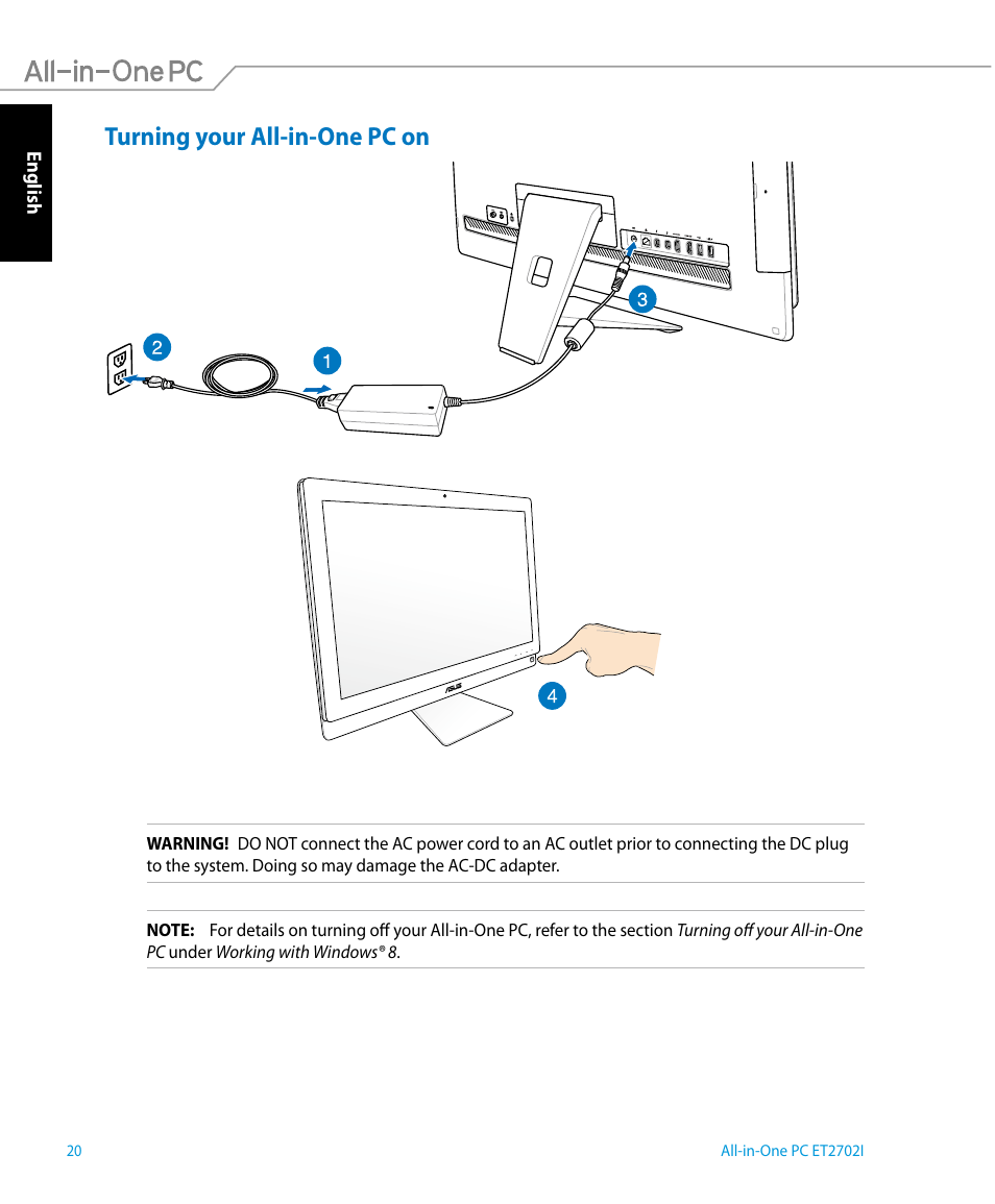 Turning your all-in-one pc on | Asus ET2702IGTH User Manual | Page 20 / 60