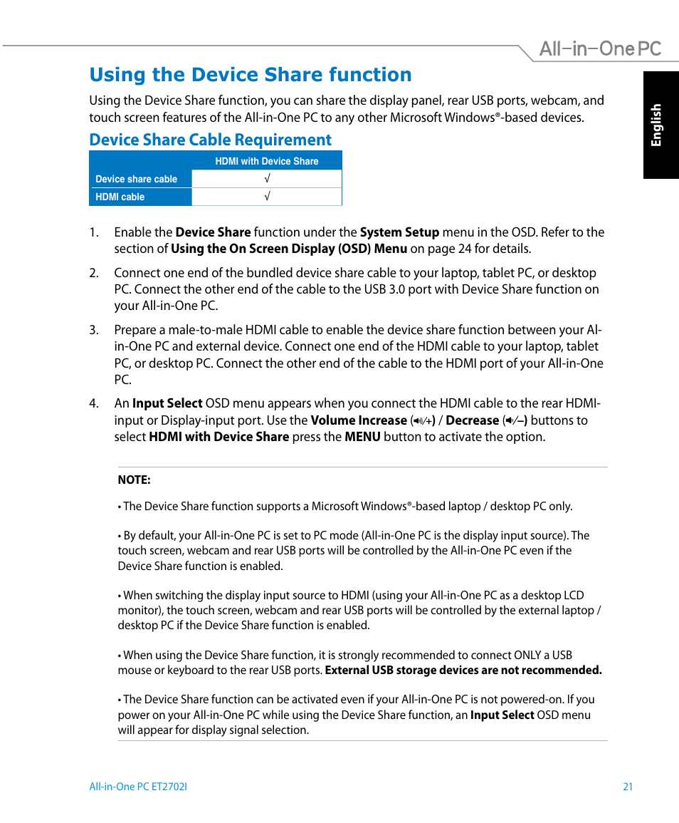 Using the device share function, Device share cable requirement | Asus ET2702IGTH User Manual | Page 21 / 60