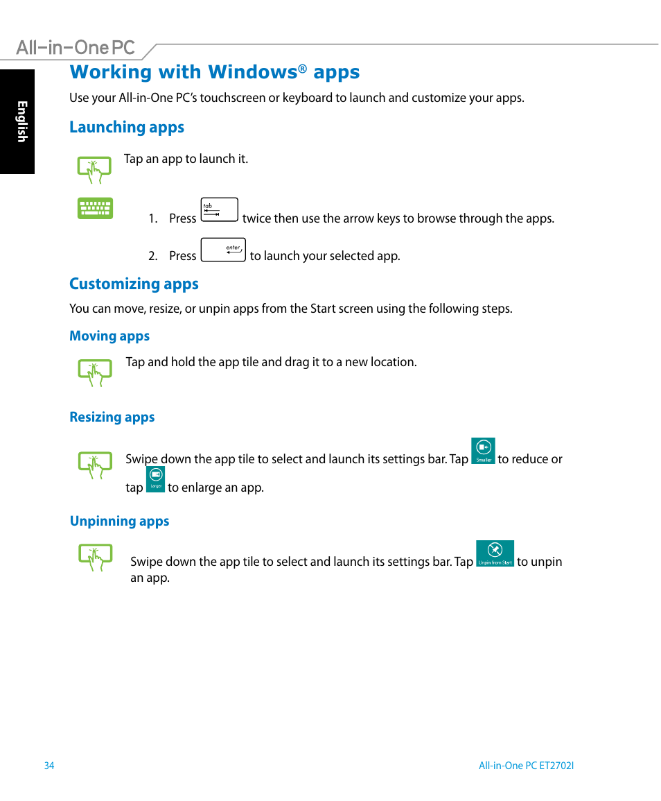 Working with windows® apps, Launching apps, Customizing apps | Working with windows, Apps | Asus ET2702IGTH User Manual | Page 34 / 60