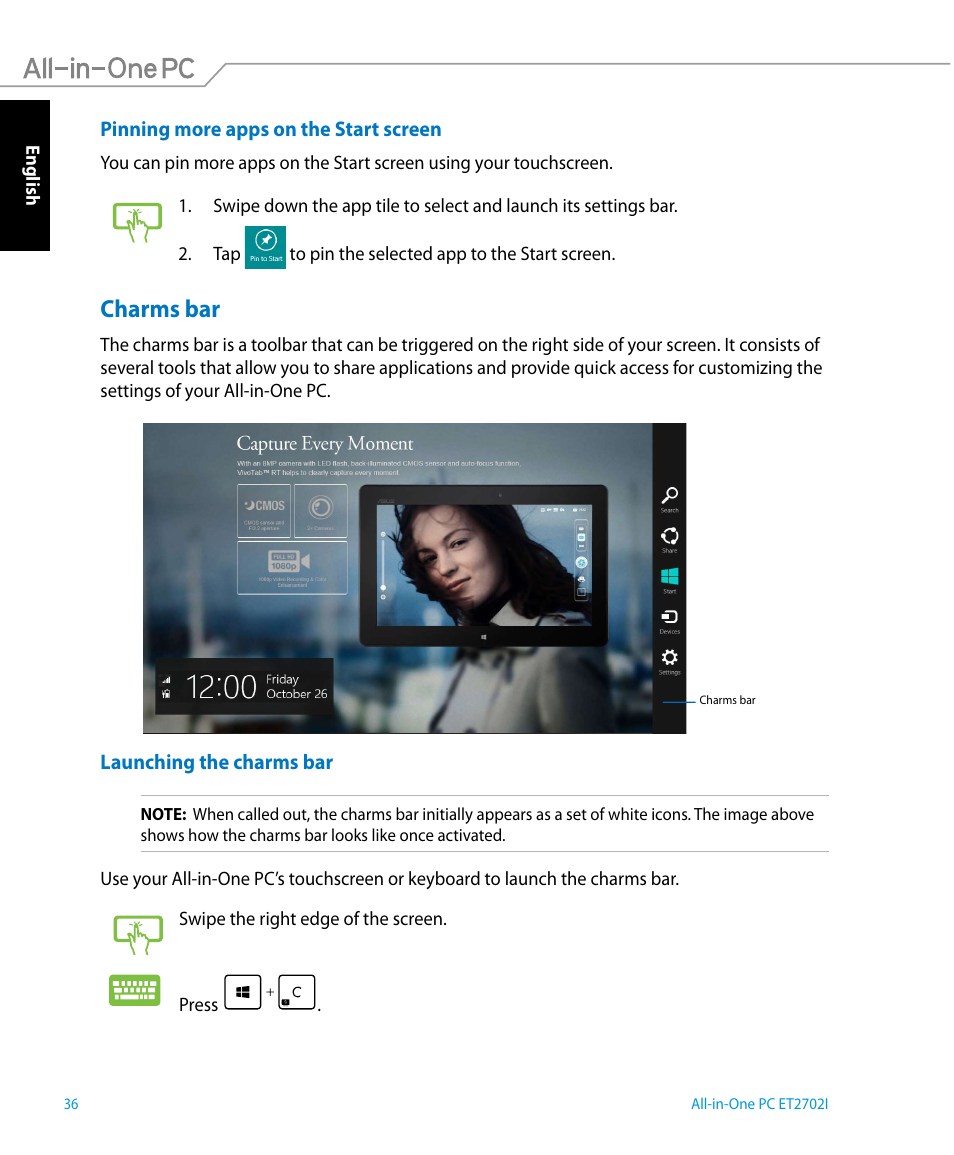 Charms bar | Asus ET2702IGTH User Manual | Page 36 / 60