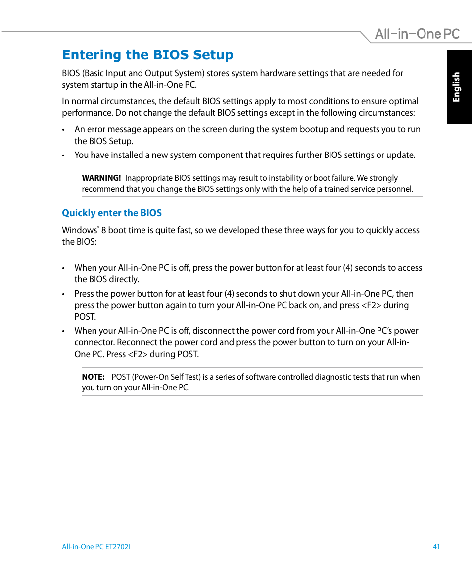 Entering the bios setup | Asus ET2702IGTH User Manual | Page 41 / 60