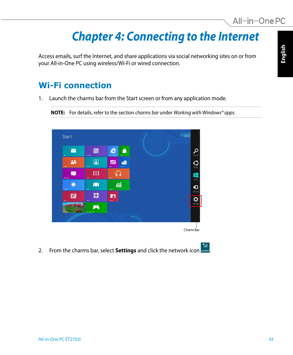 Chapter 4: connecting to the internet, Wi-fi connection | Asus ET2702IGTH User Manual | Page 43 / 60