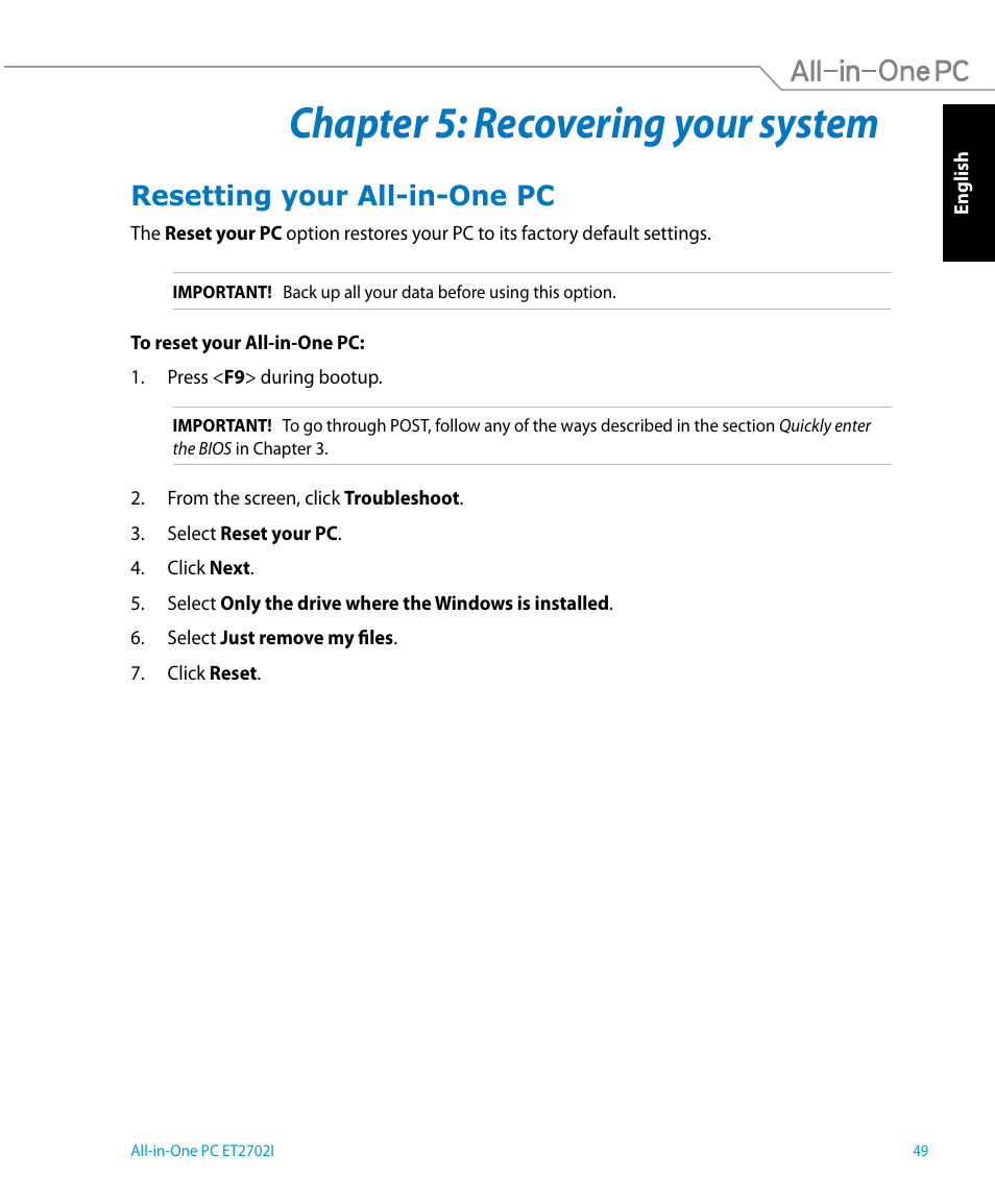 Chapter 5: recovering your system, Resetting your all-in-one pc | Asus ET2702IGTH User Manual | Page 49 / 60