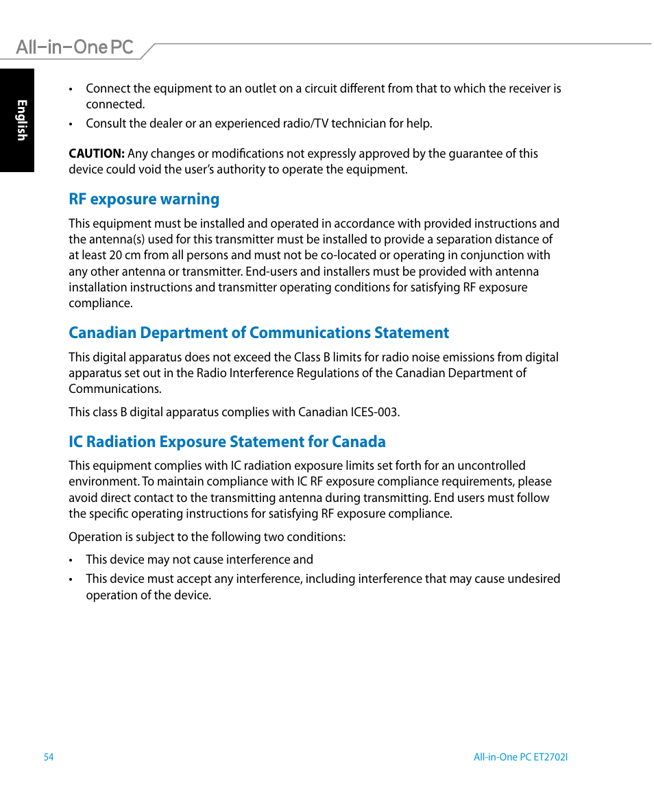 Rf exposure warning, Canadian department of communications statement, Ic radiation exposure statement for canada | Asus ET2702IGTH User Manual | Page 54 / 60